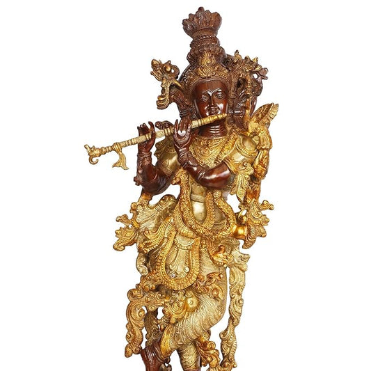 Brassaura® Lord Krishna Playing Flute, Ornate Traditional Standing Pose, Antique Dual-Tone Finish | Pure Superfine Brass Handcrafted Murti | Brass Statue for Home Temple, Pooja Room | Height 29.92 Inches | Weight 16 Kgs