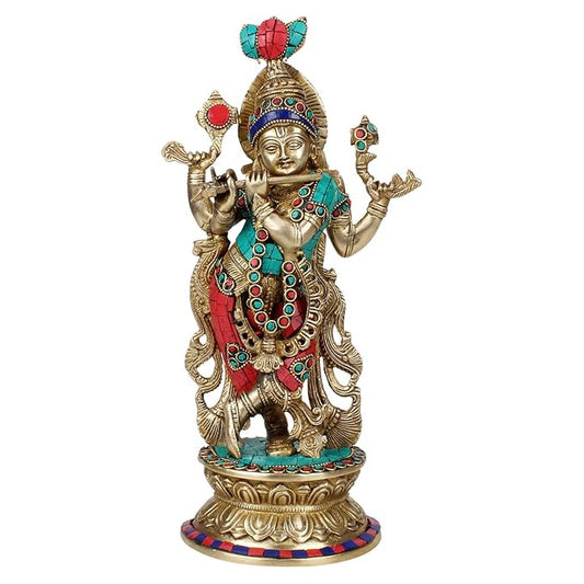 Brass Gem Stone Work Krishna Murti for Home and Decor Living Room Height 42 cm Weight 2.3 Kg