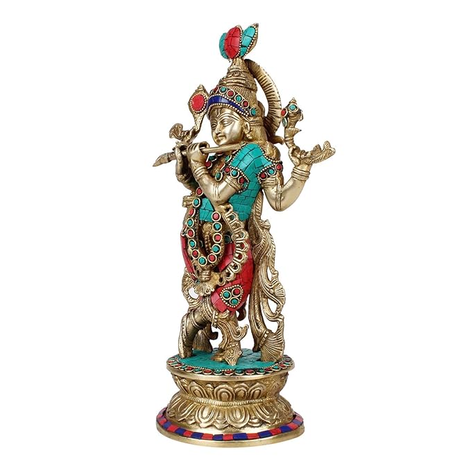 Brass Gem Stone Work Krishna Murti for Home and Decor Living Room Height 42 cm Weight 2.3 Kg