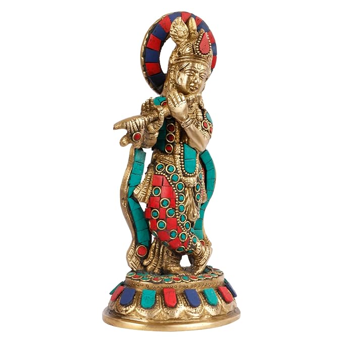 Brass Gem Stone Work Krishna Murti for Home and Decor Living Room Height 25 cm Weight 1.2 Kg