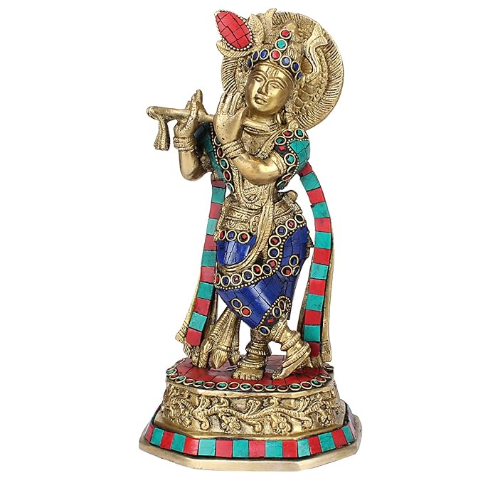 Brass Gem Stone Work Krishna Murti for Home and Decor Living Room Height 33 cm Weight 2 Kg