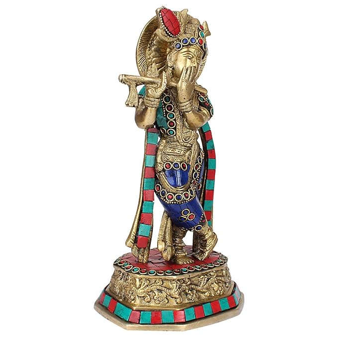 Brass Gem Stone Work Krishna Murti for Home and Decor Living Room Height 33 cm Weight 2 Kg