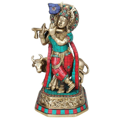 Brass Gem Stone Work Krishna Murti for Home and Decor Height 28 cm Weight 2.7 Kg