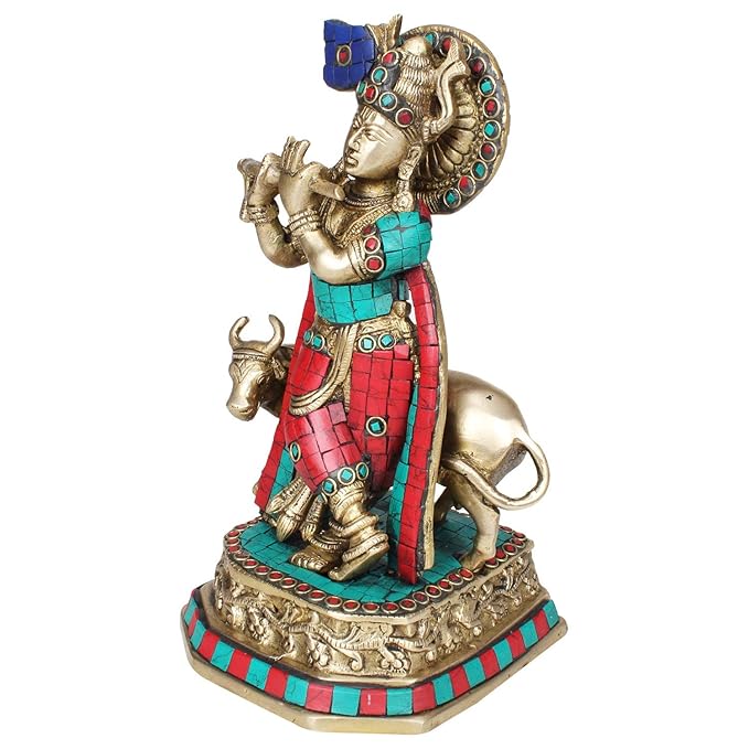 Brass Gem Stone Work Krishna Murti for Home and Decor Height 28 cm Weight 2.7 Kg