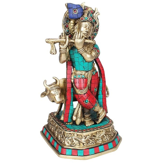 Brassaura® Krishna Playing Flute Idol with Cow, Multicolor Stone Work, Gold Finish | Pure Superfine Brass Handcrafted Murti | Brass Statue for Home Temple, Pooja Room | Height 11.02 Inches | Weight 2.7 Kgs