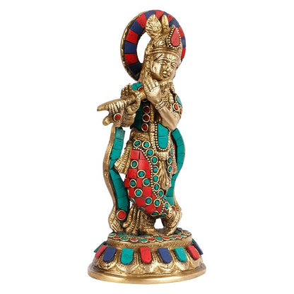 Brass Gem Stone Work Krishna Murti for Home and Decor Living Room Handmade Height 25 cm Weight 1.2 Kg