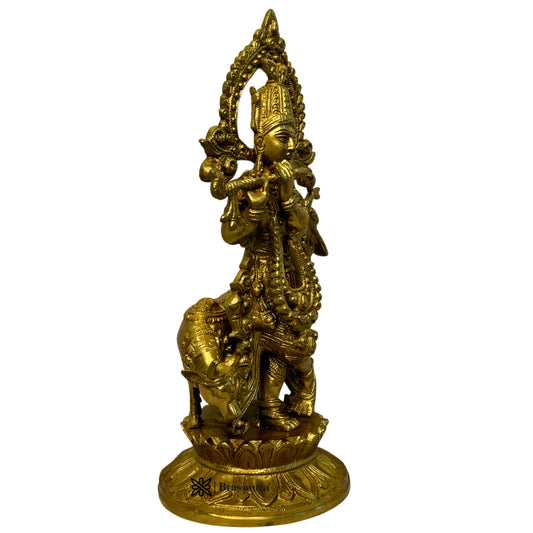 Brassaura® Krishna Playing Flute with Cow Idol with Golden Finish | Pure Superfine Brass Handcrafted Murti | Brass Statue for Home Temple, Pooja Room | Height 13 Inches | Weight 3.3 Kgs