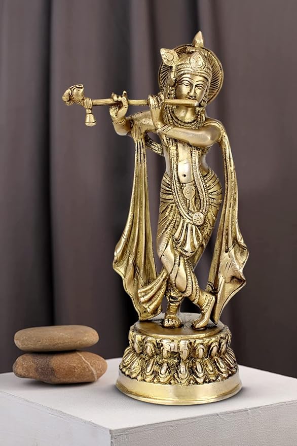 Brass Krishna Playing Flute Idol for Home and Decor 10 Inch Height 1.9 Kg Weight Decorative Krishna Statue