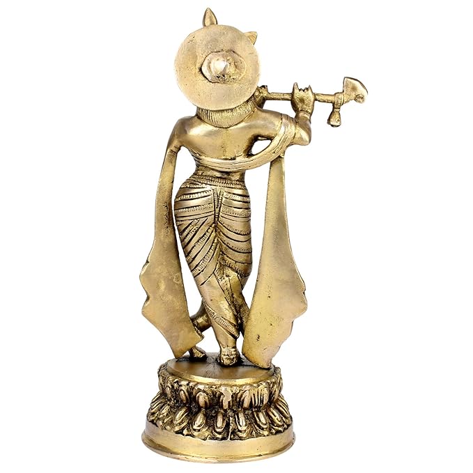 Brass Krishna Playing Flute Idol for Home and Decor 10 Inch Height 1.9 Kg Weight Decorative Krishna Statue