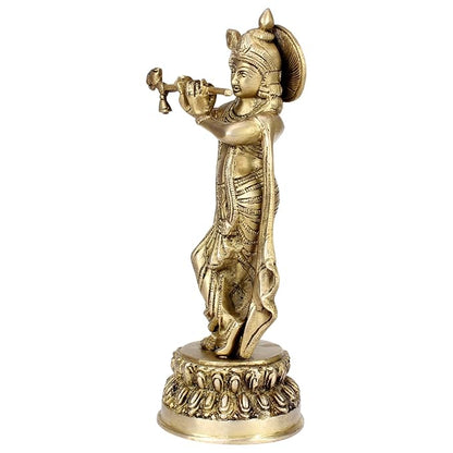 Brass Krishna Playing Flute Idol for Home and Decor 10 Inch Height 1.9 Kg Weight Decorative Krishna Statue