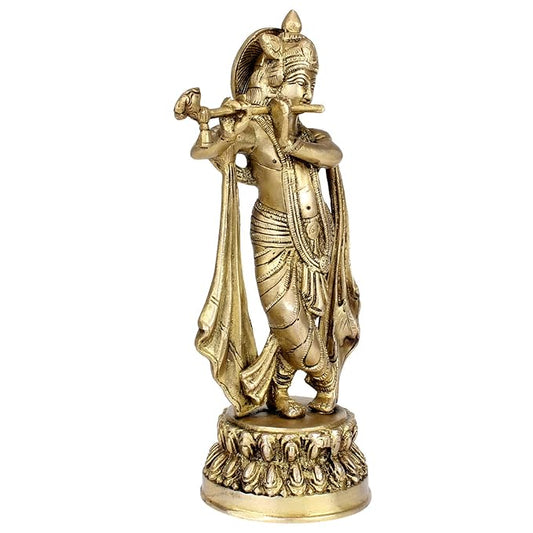 Brassaura® Krishna Playing Flute Idol with Golden Finish | Pure Superfine Brass Handcrafted Murti | Brass Statue for Home Temple, Pooja Room | Height 10 Inches | Weight 1.9 Kgs