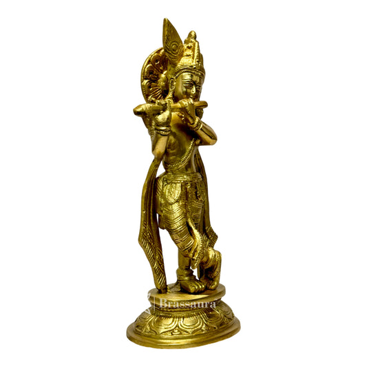 Brassaura® Krishna Playing Flute Idol with Golden Finish | Pure Superfine Brass Handcrafted Murti | Brass Statue for Home Temple, Pooja Room | Height 4 Inches | Weight 1.9 Kgs