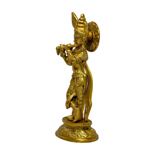 Brassaura® Krishna Playing Flute Idol with Golden Finish | Pure Superfine Brass Handcrafted Murti | Brass Statue for Home Temple, Pooja Room | Height 4 Inches | Weight 1.9 Kgs