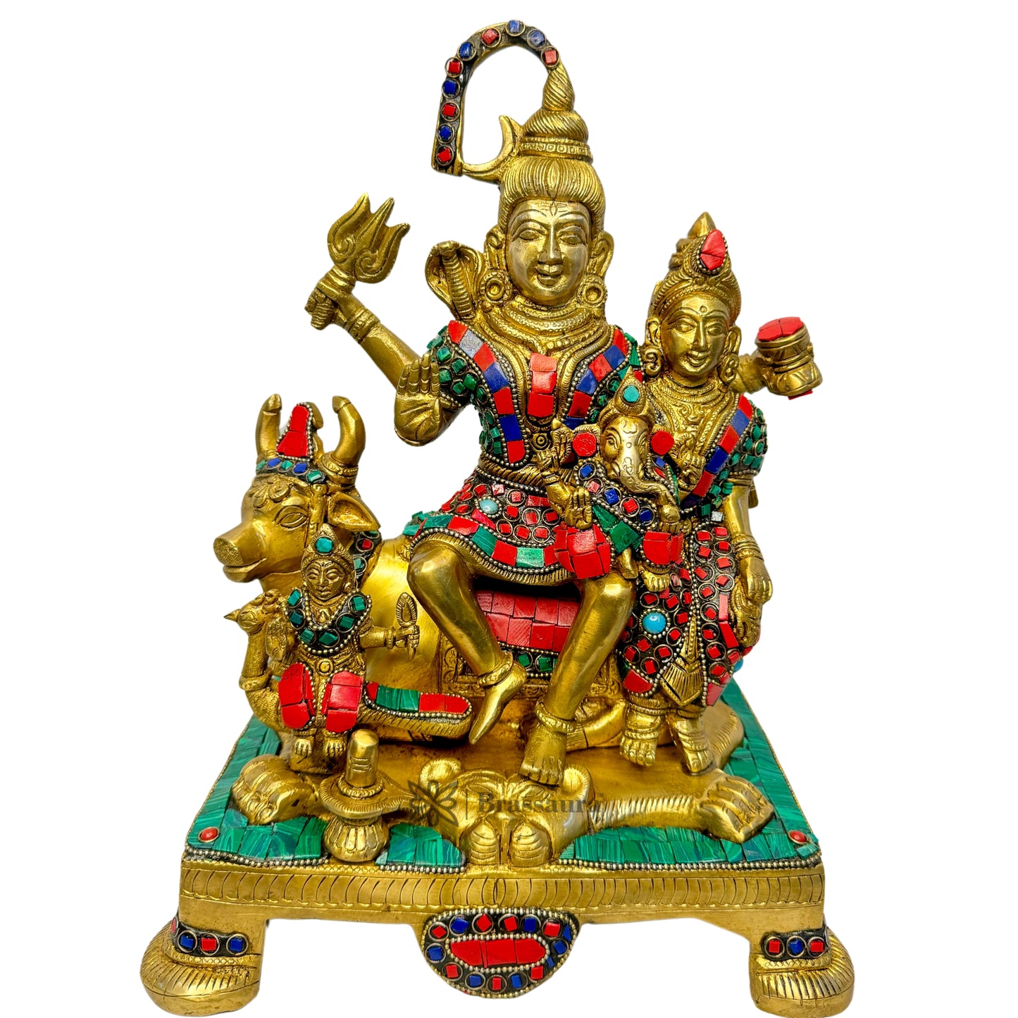 Brass Big Gem Stone Work Shiva Parivar Murti for Home and Decor ShowPiece for Living Room Weight 8.3 Kg Height 32 cm