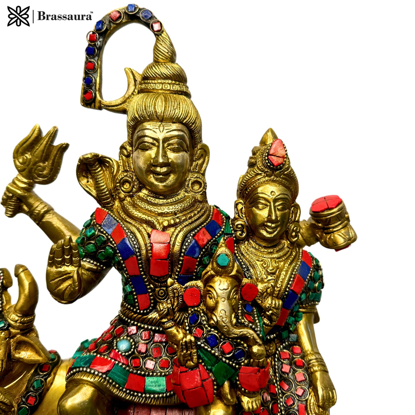 Brass Big Gem Stone Work Shiva Parivar Murti for Home and Decor ShowPiece for Living Room Weight 8.3 Kg Height 32 cm