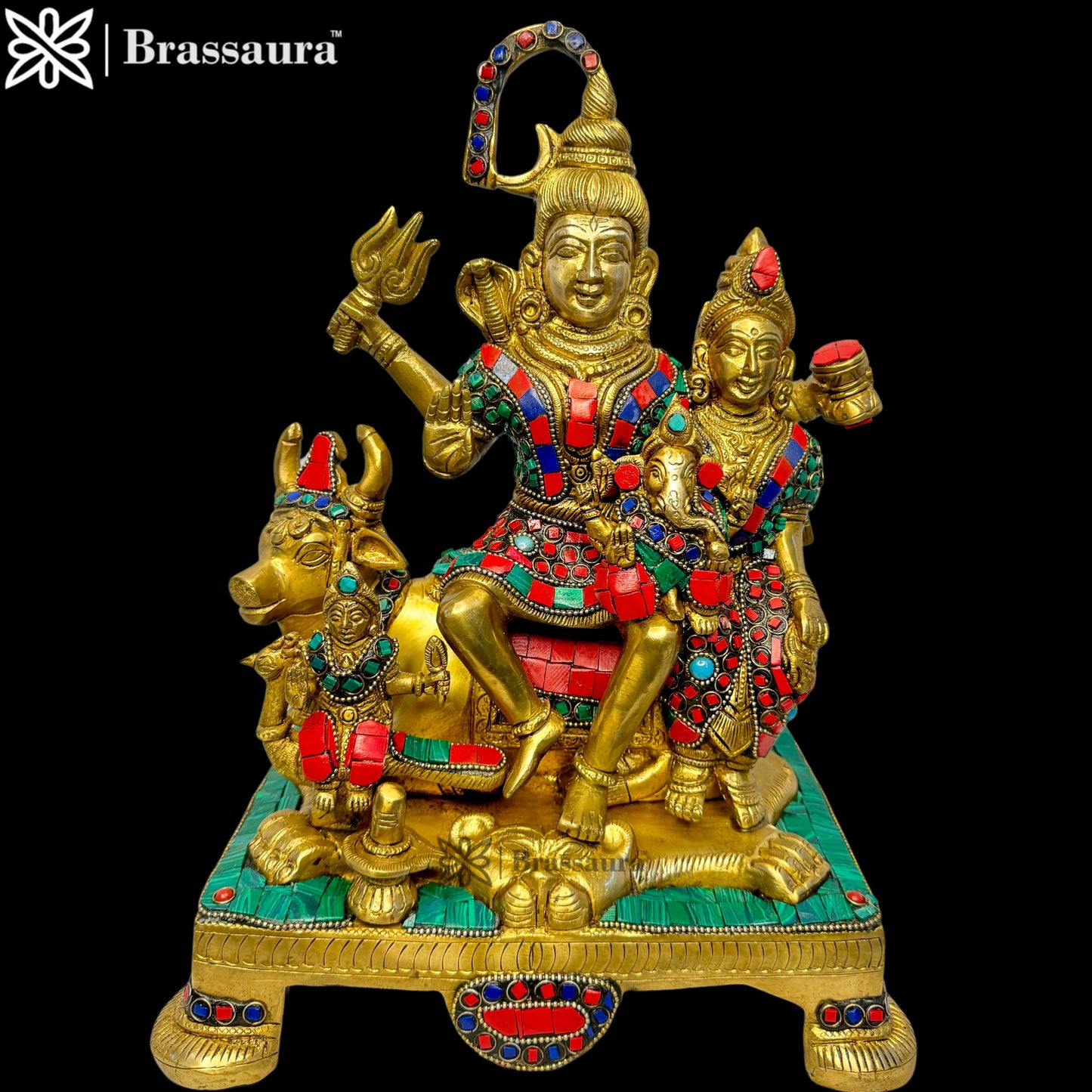 Brass Big Gem Stone Work Shiva Parivar Murti for Home and Decor ShowPiece for Living Room Weight 8.3 Kg Height 32 cm