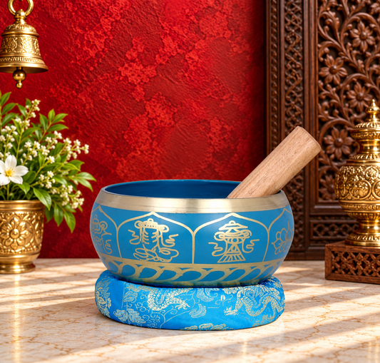 Brassaura® Brass Double Dorje & Ashtamangala Singing Bowl | Height 8 CM | Weight: 900 Grams