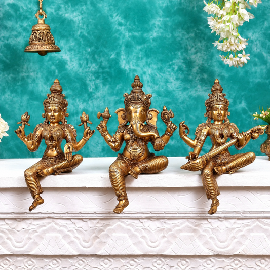 Brassaura® Ganesh Lakshmi Saraswati Idol Set with Natural Brass Finish | Pure Superfine Brass Handcrafted Murti | Brass Statue for Home Temple, Pooja Room | Height 14 Inches | Weight 15 Kgs