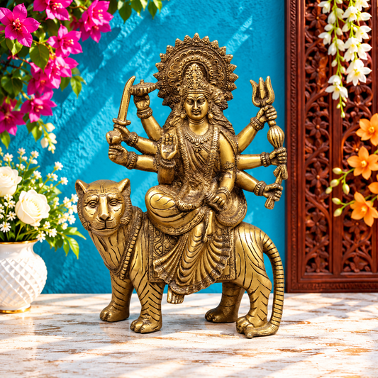 Brassaura® Goddess Durga Seated on Tiger Idol with Antique Brass Finish | Handcrafted Murti | Brass Statue | Height 13 Inches | Weight 4.840 Kgs