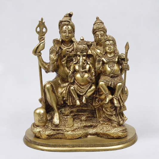 Brassaura® Shiva Family Seated Idol with Golden Finish | Pure Superfine Brass Handcrafted Murti | Brass Statue for Home Temple, Pooja Room | Height 12 Inches | Weight 8.9 Kgs