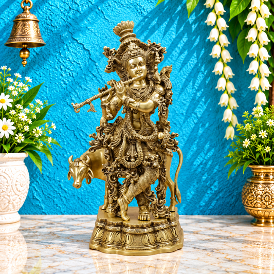 Brassaura® Krishna Playing Flute with Cow Idol with Antique Golden Finish | Pure Superfine Brass Handcrafted Murti | Brass Statue for Home Temple, Pooja Room | Height 27 Inches | Weight 27.44 Kgs