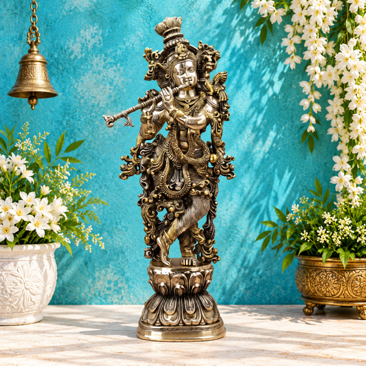 Brassaura® Krishna Standing Flute Playing Idol with Antique Brass Finish | Pure Superfine Brass Handcrafted Murti | Brass Statue for Home Temple, Pooja Room | Height 30 Inches | Weight 20.64 Kgs