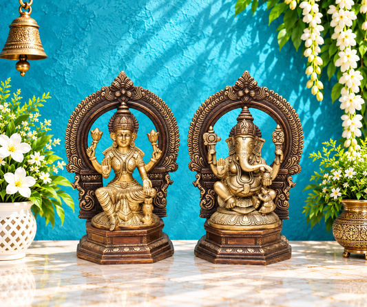 Brassaura® Antique Two-Tone Ganesha Lakshmi Saraswati Idol Set with Ornamental Frames | Pure Superfine Brass Handcrafted Murti | Brass Statue for Home Temple, Pooja Room | Height 10 Inches | Weight 9.5 Kgs