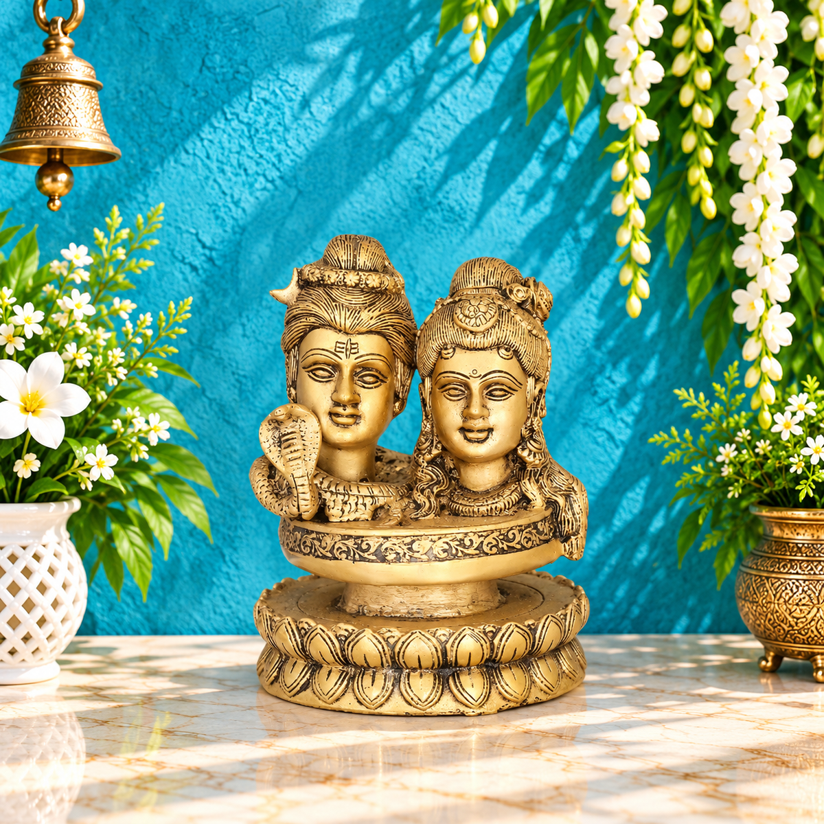 Brassaura® Shiv Parvati Bust on Lotus Brass Statue | Pure Brass | Height 6 Inches