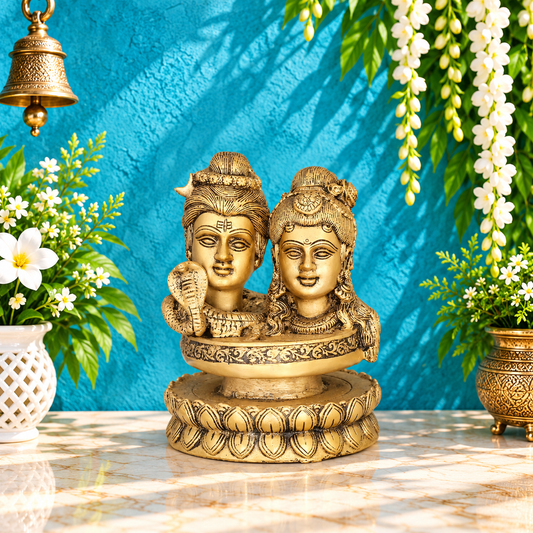 Brassaura® Shiv Parvati Bust on Lotus Brass Statue | Pure Brass | Height 6 Inches