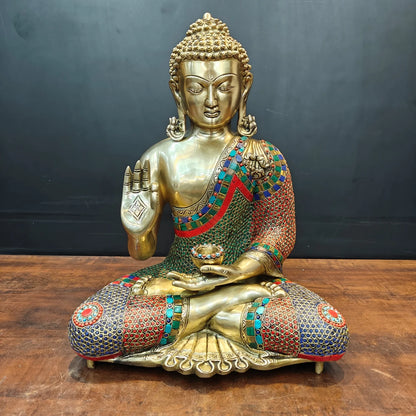 Brassaura® Brass Meditating Buddha Statue | Handcrafted Premium Brass Buddha Murti for Home Temple, Meditation & Spiritual Décor | Multicolor Stonework Finish | 20 Inches | 17 Kg