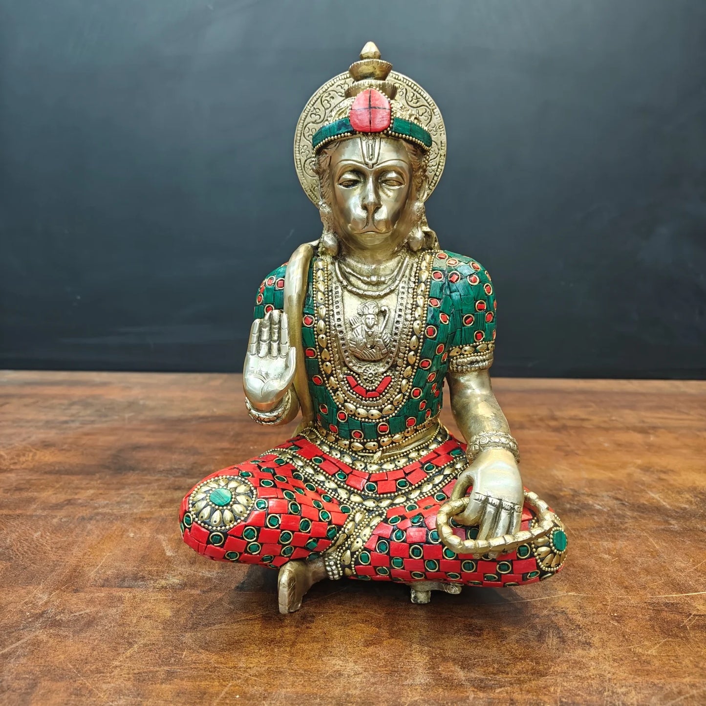 Brassaura® Brass Hanuman Idol | Lord Hanuman Sitting Statue with Handcrafted Stone Inlay | Bajrangbali Murti for Home Temple, Pooja Room & Vastu Décor | 11 Inch | 5.1 Kg