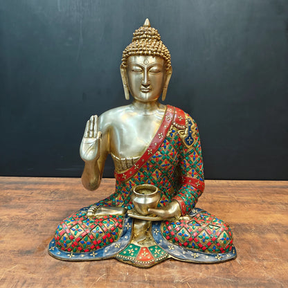 Brassaura® Brass Buddha Statue | Handcrafted Meditating Buddha Idol with Blessing Gesture | Premium Brass Home Temple, Living Room, Office & Meditation Décor | Height 23 Inches | 23 Kg
