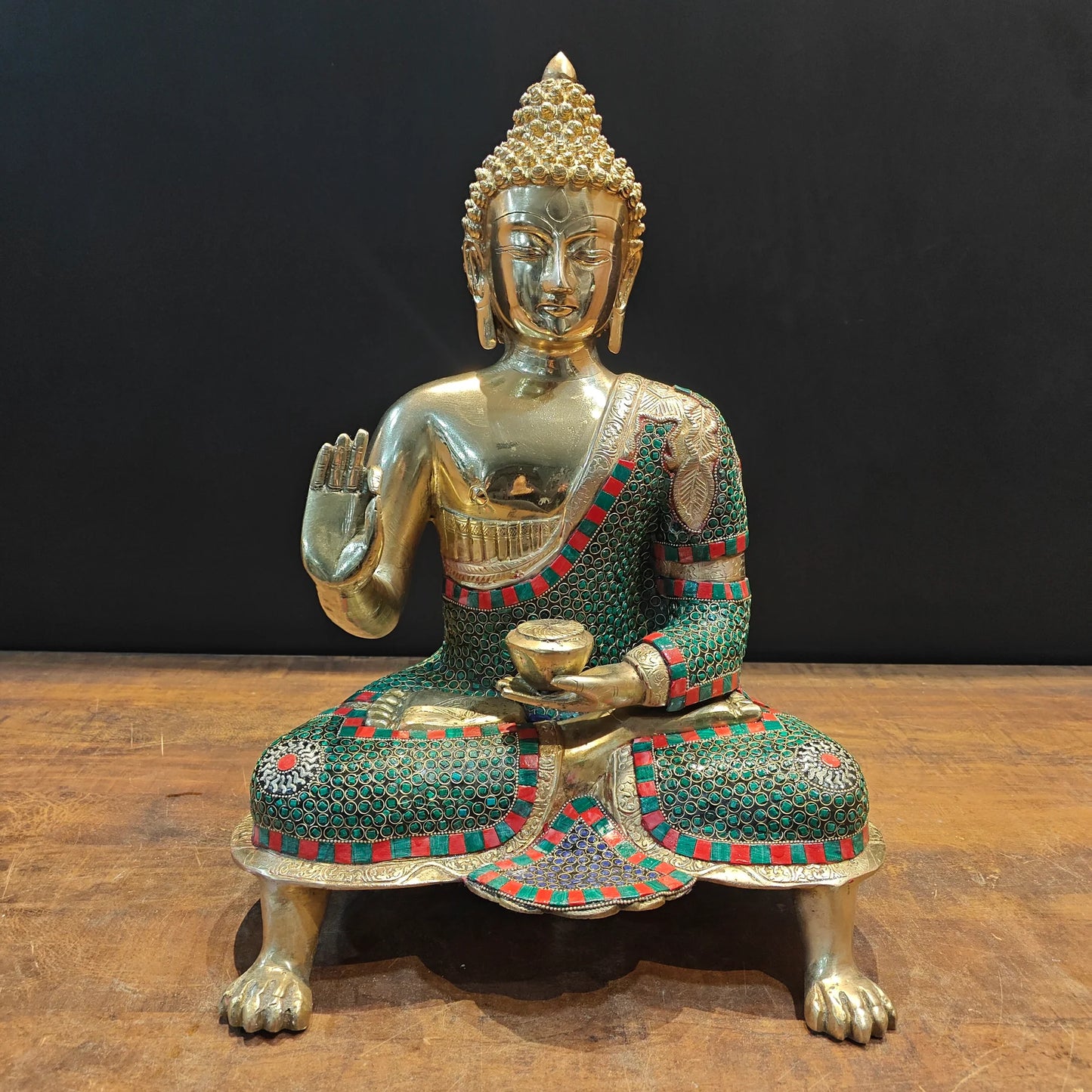 Brassaura® Brass Lord Buddha Idol | Premium Handcrafted Meditating Buddha Statue with Stone Work | Antique Finish | Home Temple, Living Room & Spiritual Décor | Height 20 Inches | 11.8 Kg