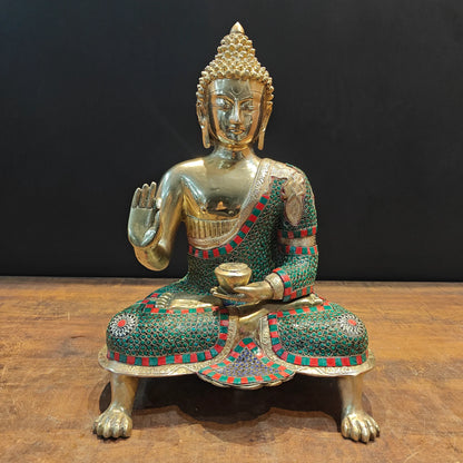 Brassaura® Brass Lord Buddha Idol | Premium Handcrafted Meditating Buddha Statue with Stone Work | Antique Finish | Home Temple, Living Room & Spiritual Décor | Height 20 Inches | 11.8 Kg