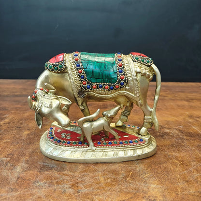 Brassaura® Handmade Brass Kamadhenu Cow with Calf Idol | Decorative Stone Inlay Gau Mata Statue for Home Temple, Pooja Room & Vastu Décor | Sacred Brass Cow Murti | 6 Inch | 2.3 Kg