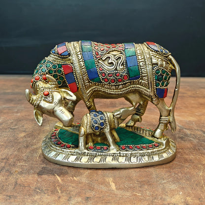 Brassaura® Brass Kamdhenu Cow with Calf Idol | Handcrafted Sacred Gau Mata Statue for Home Temple, Pooja Room & Vastu Décor | 6 Inches | 2.3 Kg