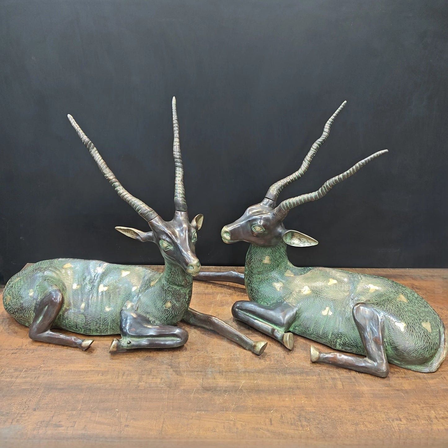Brassaura® Pair of Brass Deer Sculptures | Handcrafted Antique Finish Deer Statue Set | Premium Brass Animal Figurines for Home Décor, Living Room & Office | Height 30 Inches | 50 Kg