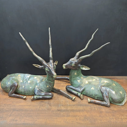 Brassaura® Pair of Brass Deer Sculptures | Handcrafted Antique Finish Deer Statue Set | Premium Brass Animal Figurines for Home Décor, Living Room & Office | Height 30 Inches | 50 Kg