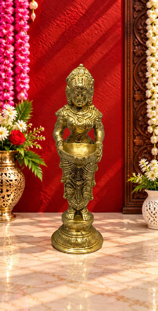Brassaura® Brass Deep Lakshmi Idol | Pure Superfine Brass Handcrafted Murti | Brass Statue for Home Temple, Pooja Room | Height 11.2 Inches | Weight 1.7 Kgs