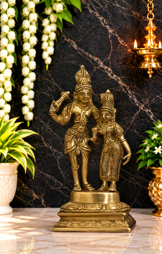 Brassaura® Brass Standing Shiva Parvati Statue with Traditional Handcrafted Finish | Pure Superfine Brass Handcrafted Murti | Brass Statue for Home Temple, Pooja Room | Height 9 Inches | Weight 1.7 Kgs
