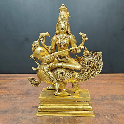 Brassaura® Brass Goddess Saraswati Statue on Swan | Maa Saraswati Idol for Home Temple, Study Room & Spiritual Décor | Handcrafted Brass Murti | 19 Inches | 15 Kg