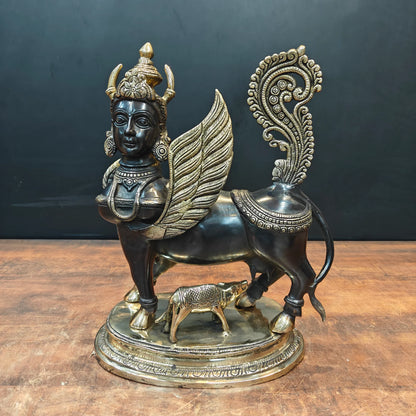 Brassaura® Brass Kamadhenu Cow Idol with Divine Female Face & Calf | Sacred Kamdhenu Gau Mata Statue | Handcrafted Brass Sculpture for Home Temple, Vastu, Spiritual Décor & Gifting | 15.5 Inches | 12.5 Kg