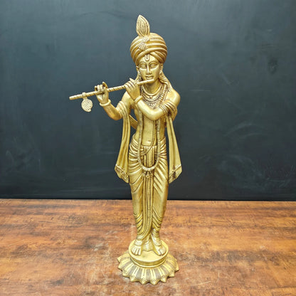 ब्रासोरा® वृंदावन वेणुगोपाल कृष्ण पीतल की प्रतिमा मोर के साथ | एंटीक नीला और सुनहरा रंग | ऊँचाई 20 इंच