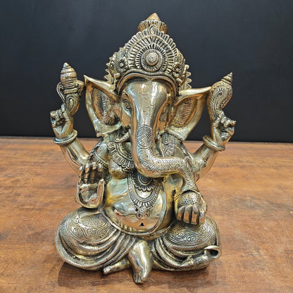 Brassaura® Lord Ganesha Brass Idol | Premium Solid Brass Ganpati Murti with Antique Finish | Handcrafted Hindu God Statue for Home Temple, Pooja Room & Spiritual Décor | Height 12 Inches | 9.2 Kg