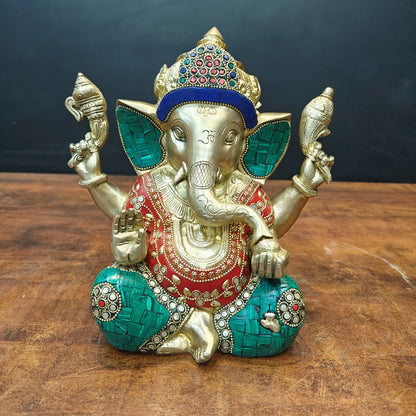 Brassaura® Handcrafted Brass Lord Ganesha Idol with Stone Inlay Work | Premium Ganpati Statue for Home Temple, Living Room & Office Décor | 9 Inches | 5.7 Kg