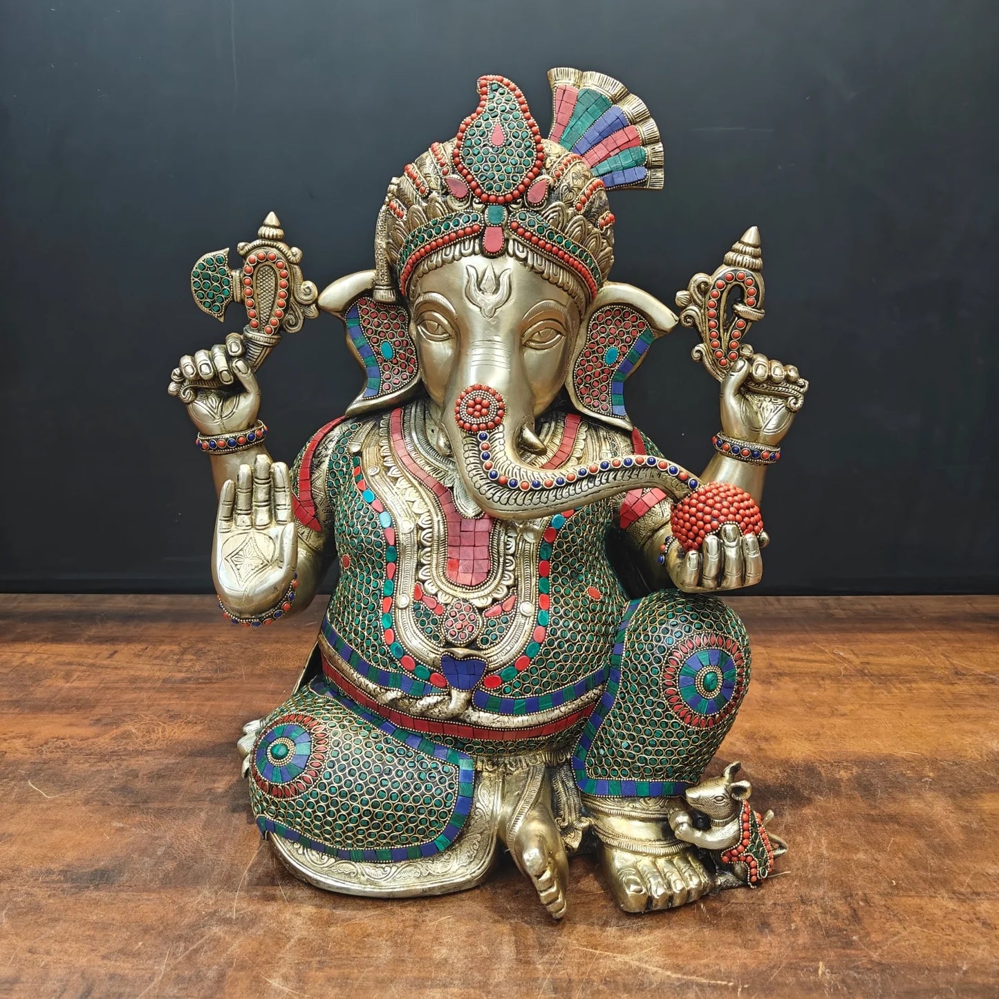 Brassaura® Handmade Brass Colorful Lord Ganesha Idol | Decorative Ganpati Murti for Home Temple, Living Room & Office Décor | Height 21 Inches | 28 Kg