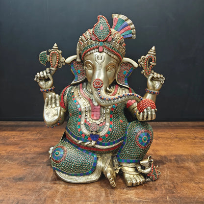 Brassaura® Handmade Brass Colorful Lord Ganesha Idol | Decorative Ganpati Murti for Home Temple, Living Room & Office Décor | Height 21 Inches | 28 Kg