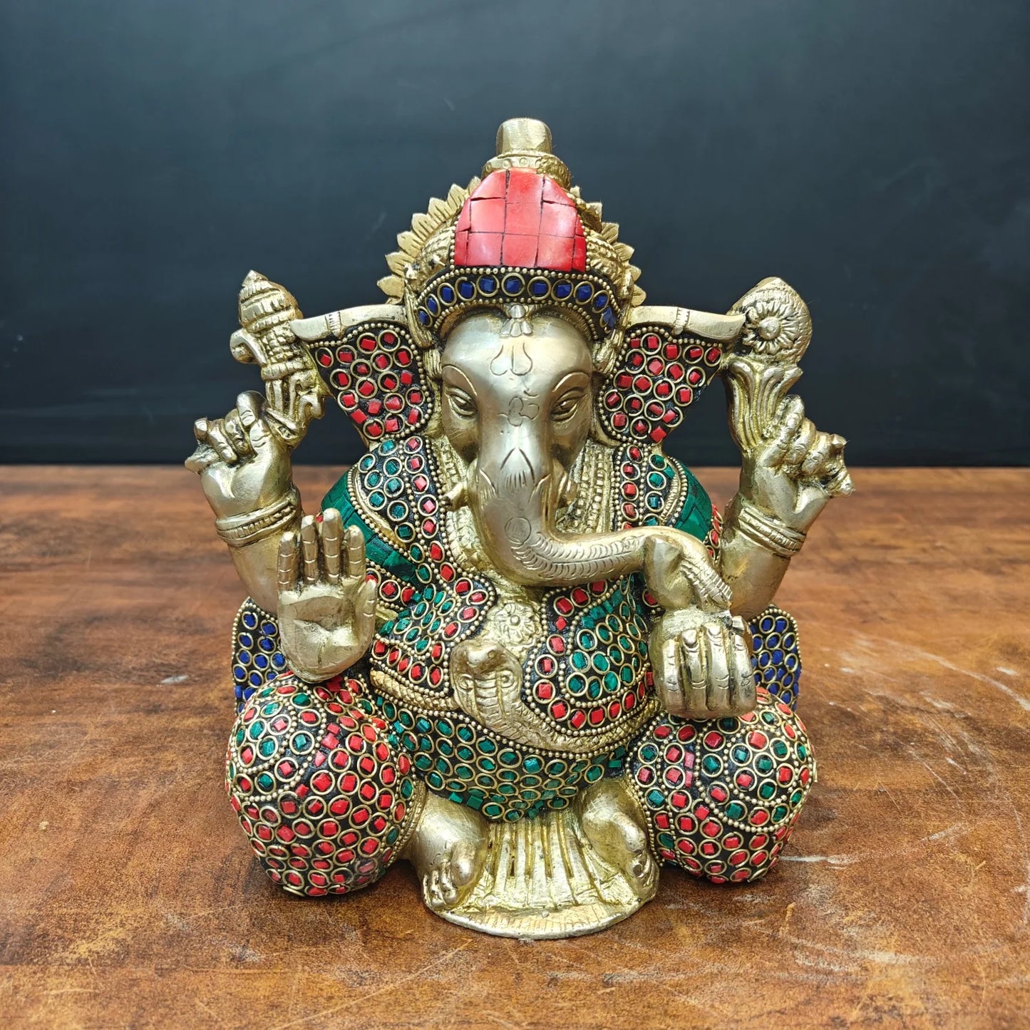 Brassaura® Handmade Brass Lord Ganesha Idol with Stone Work | Decorative Ganesh Murti for Home Temple, Office & Pooja Room | Height 8 Inches | 6 Kg