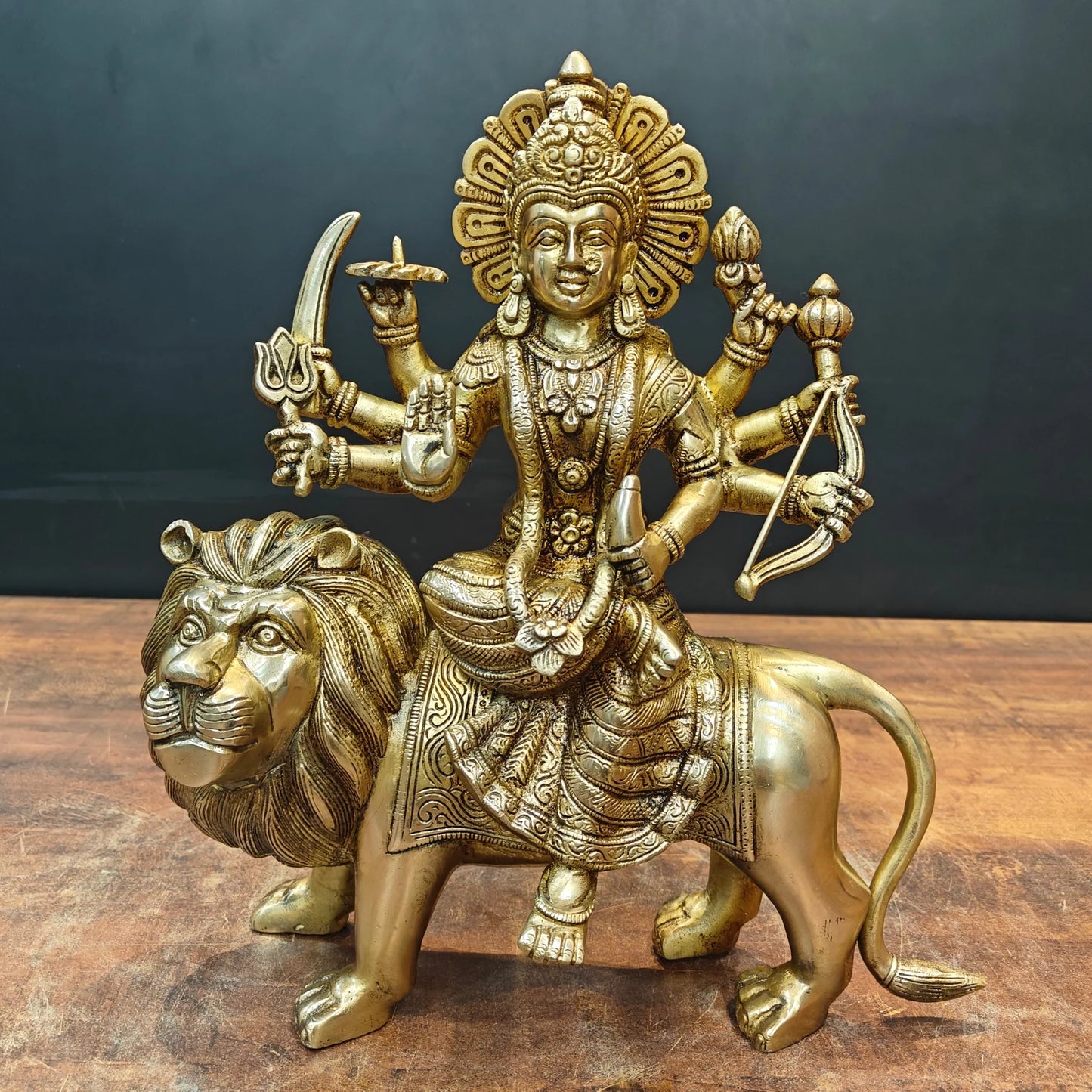 Brassaura® Brass Maa Durga Idol on Lion | Handcrafted Goddess Durga Murti | Premium Brass Sherawali Mata Statue for Home Temple, Spiritual Décor & Gifting | 13 Inches | 8 Kg