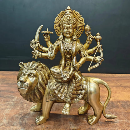 Brassaura® Brass Maa Durga Idol on Lion | Handcrafted Goddess Durga Murti | Premium Brass Sherawali Mata Statue for Home Temple, Spiritual Décor & Gifting | 13 Inches | 8 Kg